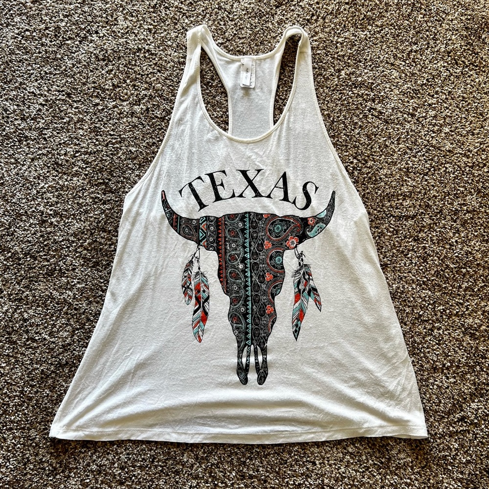 NELLA FANTASIA Soft TEXAS Skull Feather Tank Top Racerback Shirt